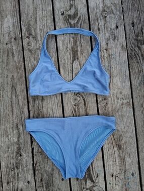 Aerie Blue Shine Rib Bikini Set M ✨ Textured Ribbed Top & Bottom Matching Set